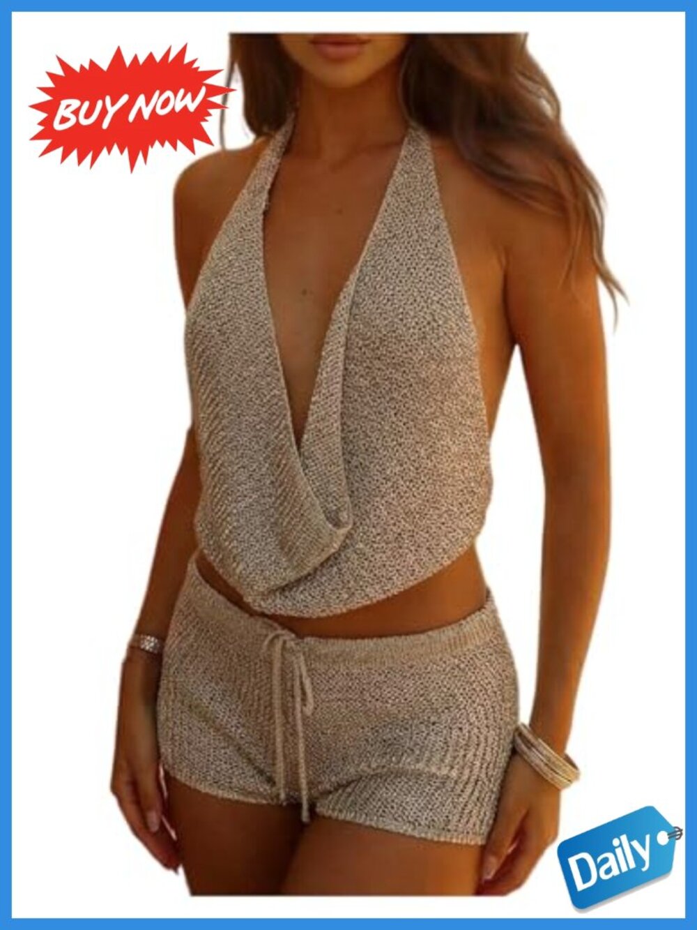 Women's 2 Piece Crochet Shorts Set Draped Halter Top Summer Vacation